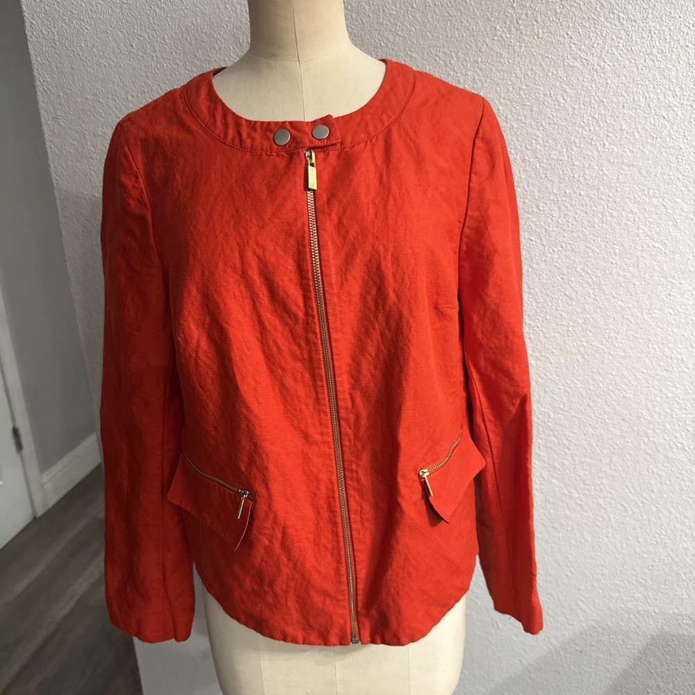 Jones New York Jacket Women Red Orange Linen Blend Collarless Moto Blazer Sz 10